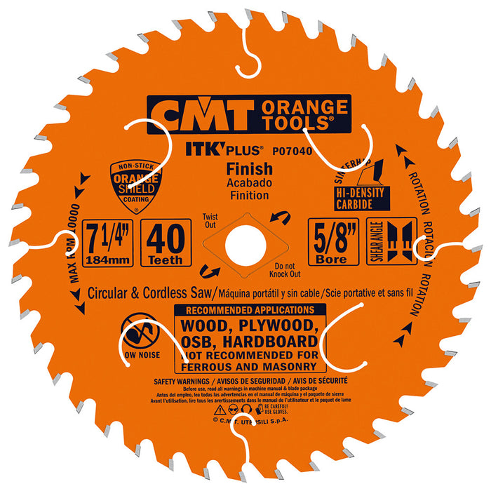 CMT P07040 7 1/4" x 40T ITK Plus Finish Circular Saw Blade, 5/8" Bore