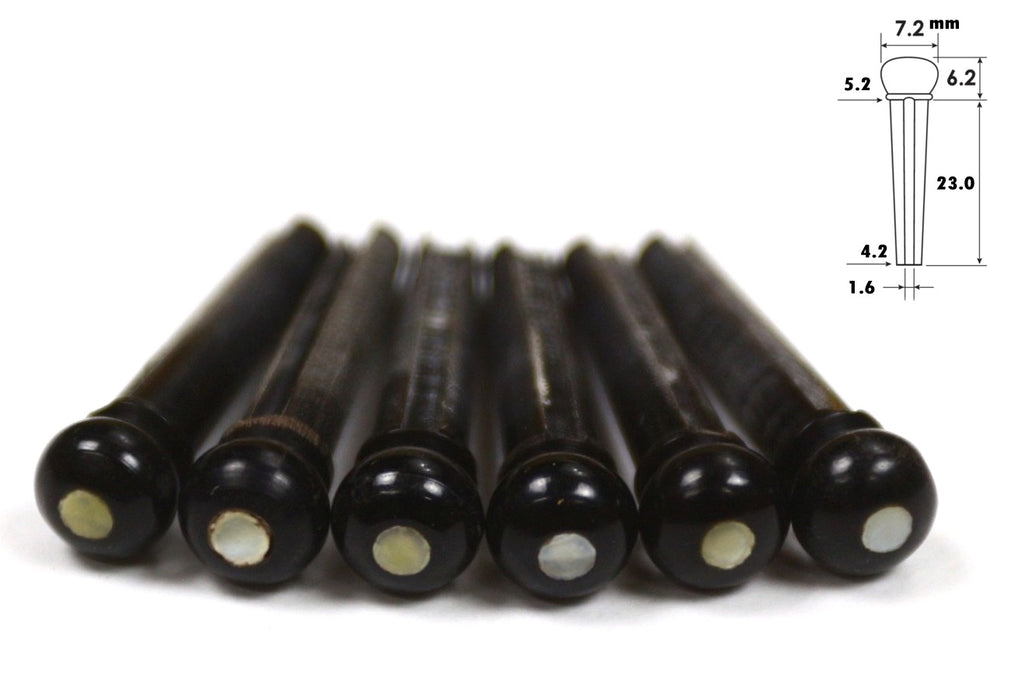 6 Buffalo Horn Bridge Pins with 2mm Mother of Pearl dots (slotted)
